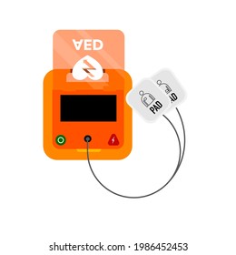 Cartoon of a AED and chest paddle on white background.