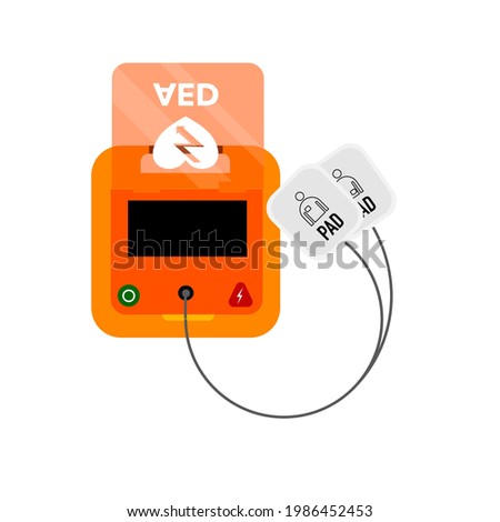 Cartoon of a AED and chest paddle on white background.