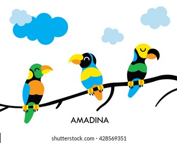 Cartoon african Amadina birds. Vector cartoon african birds made in flat style. Isolated wild african birds. Cartoon african birds background. Amadina african bird.