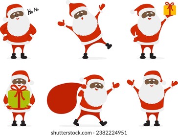 Cartoon African American black Santa Claus collection. Christmas vector illustration.