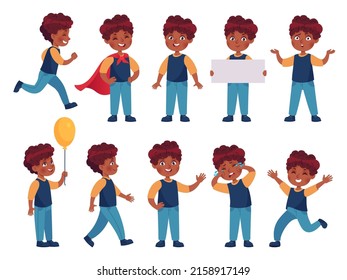 Cartoon African American Boy Character In Various Poses, Gestures And Expression, Standing, Walking And Running. Kindergarten Black Kid Crying, Jumping, Holding Banner And Waving Vector Set