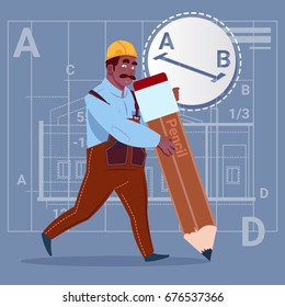 Cartoon African American Builder Hold Big Pencil Creating New Blueprint Architect Wearing Uniform And Helmet Construction Worker Flat Vector Illustration