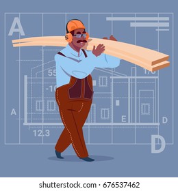 Cartoon African American Builder Holding Planks Wearing Uniform And Helmet Construction Worker Over Abstract Plan Background Flat Vector Illustration