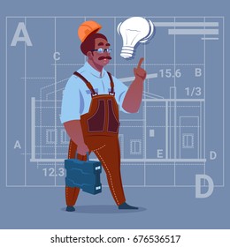 Cartoon African American Builder With Light Bulb Wearing Uniform And Helmet Construction Worker Over Abstract Plan Background Male Workman Flat Vector Illustration