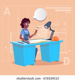 Cartoon African American Builder Sitting At Desk Working On Blueprint Building Plan Architect Engineer Woman Flat Vector Illustration