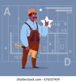Cartoon African American Builder Wearing Uniform And Helmet Construction Worker Over Abstract Plan Background Male Workman Flat Vector Illustration
