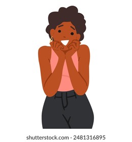 Cartoon African American Female Character Displaying An Excited And Surprised Expression. Colorful Vector Illustration Captures A Joyful Moment, Emphasizing Happiness And Positive Emotions Of A Woman