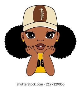 Cartoon african american girl with a cap with football ball image, little cute baby girl face vector illustration  svg