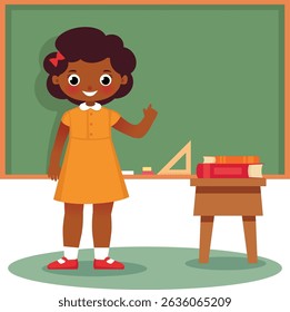 Cartoon African American girl elementary school student with glasses standing at school board