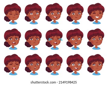 Cartoon african american girl face emotions and feelings. Cute kid character facial expressions, happy, sad, angry, crying, bored and smile. Kindergarten child avatar emoticon vector set