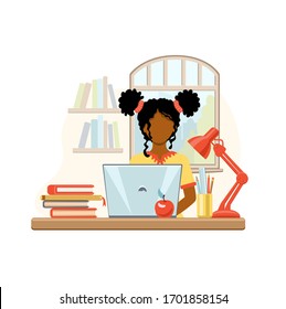 Cartoon African American Girl Studying At Home With Computer And Books On Window Background. School Girl Writing For Homework. Online Education Concept. Vector Illustration Drawing In Flat Style. 