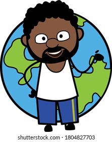 Cartoon African American Man with planet earth