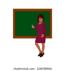 Cartoon African American teacher stands near the schoolboard. Vector illustration on a white background.