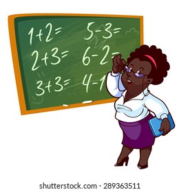 Cartoon African American Teacher Stands Near the School Board. Vector illustration on a white background.