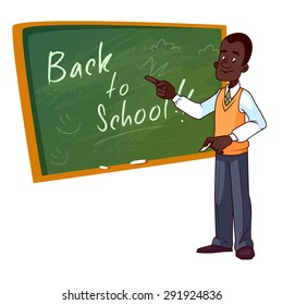 Cartoon African American teacher stands near the school board. Vector illustration on a white background.