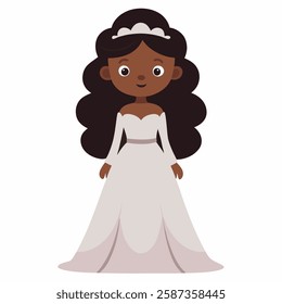 
 a cartoon African American woman bride with dark hair. Dark skinned doll in a wedding dress. Isolated on white background. Front view. Vector illustration. 
