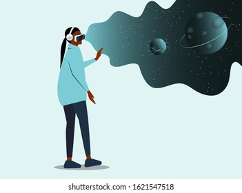 Cartoon African American woman Character Wearing VR Headset Glasses. place for text. Augment Reality and Imaginary Universe. Astronomy Studying. High Technology. Vector Flat Illustration