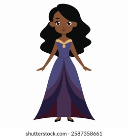  a cartoon African American woman with dark hair.Dark skinned doll in a violet evening dress. Isolated on white background. Front view. Vector illustration. 