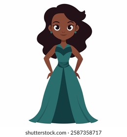 a cartoon African American woman with dark hair.Dark skinned doll in a green evening dress. Isolated on white background. Front view. Vector illustration. 