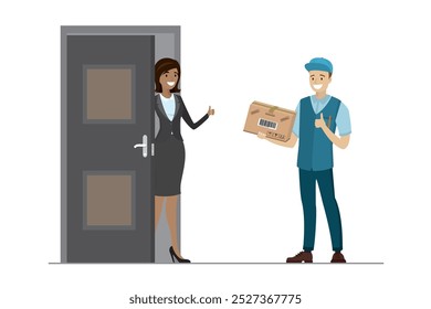 Mujer afroamericana de la historieta cerca de la puerta y hombre caucásico feliz con la caja, aislada en el fondo blanco. Servicios de entrega, concepto de fondo. Ilustración vectorial plana.