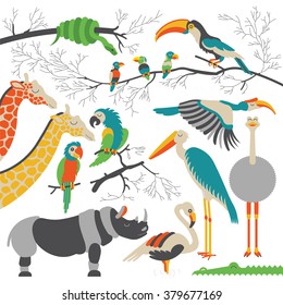 Cartoon african animals and birds set. Vector cartoon african animals and birds in flat style. Isolated cartoon african animals. Cartoon african animals background. Vector jungle animals and birds.