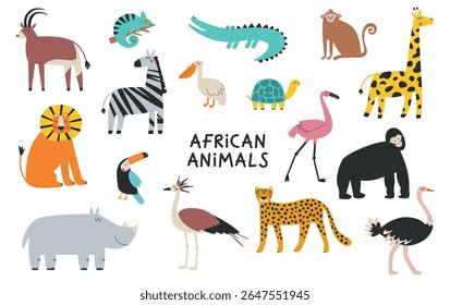 Cartoon african animals and birds vector set for kids. Hand drawn safari animals illustration.