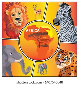 Cartoon african animals concept with lion antelope zebra elephant leopard monkey and Africa map isolated vector illustration