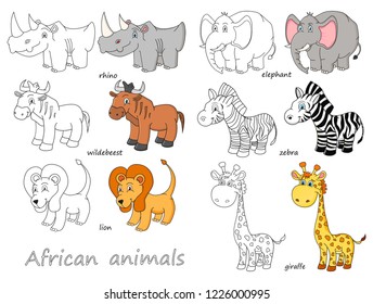 Cartoon african animals outline and colored vector illustration
