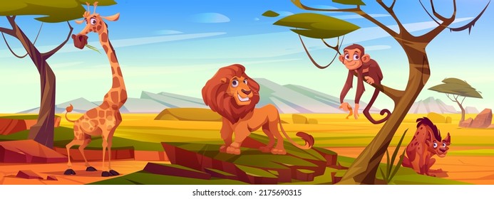 Cartoon african animals in savannah landscape, wild hyena, giraffe, lion and monkey in outdoor safari park, jungle inhabitants in zoo area, exotic creatures, wildlife of Africa, Vector illustration