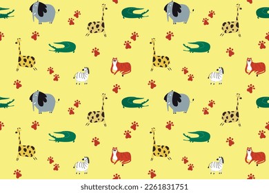 Cartoon african animals seamless pattern with crocodile, elephant, giraffe, tiger on a yellow background. Childish Safari wallpaper