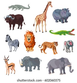 Cartoon african animals set with colorful wild mammals and reptiles isolated vector illustration