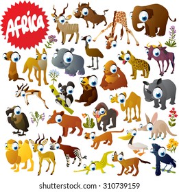 Cartoon African Animals Set: Gazelle, Elephant, Hippo, Rhino, Crocodile, Giraffe, Orangutan, Camel, Pelican, Fossa, Impala, Aardvark, Okapi, Baboon, Lemur, Wildebeest, Emu, Hyena, Coyote And Vulture