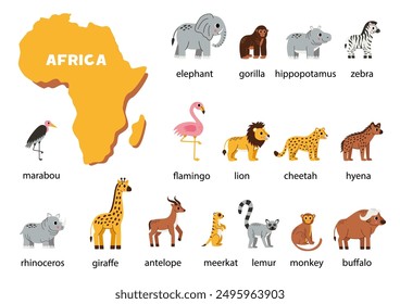 Animales africanos de dibujos animados con nombres y mapa del continente africano.