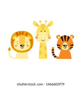 Cartoon African animals vector set. Lion, giraffe, tiger cute illustration.