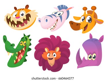 Cartoon African animals. Wild animals vector icons set. Crocodile, tiger, rhino, giraffe, lion, zebra. Design for emblems, logo, print or stickers