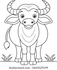 Cartoon African buffalo coloring sheet for kids featuring fun and educational animal art