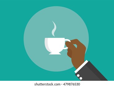 Cartoon, African businessman drinking hot coffee., vector eps10