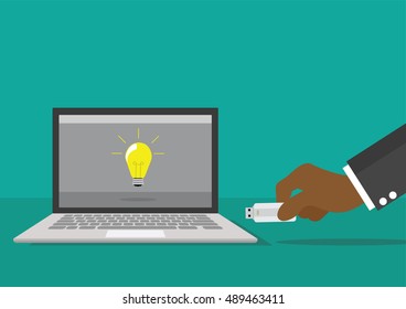 Cartoon, African businessman hand holding usb flash drive to connect a computer laptop., vector eps10