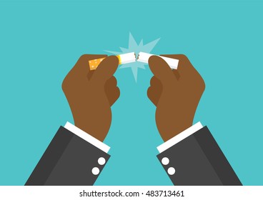 Cartoon, African businessman hands broken cigarette., vector eps10