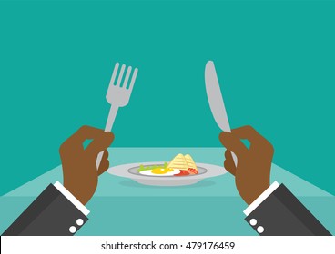 Cartoon, African Businessman Holding Knife And Fork To Eat Breakfast In The Dish., Vector Eps10.