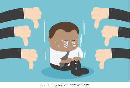 Cartoon african businessman working little people with thumbs down hand around. Vector illustration for business