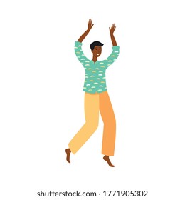 Cartoon African dancer man in colorful clothing dancing or jumping in place with hands up. Happy male dancer with dark skin isolated on white background - vector illustration.