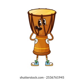 Cartoon African drum groovy musical instrument character. Isolated vector funny djembe personage playing tribal music, ready for kids school educational classes, folk performance or reggae concert