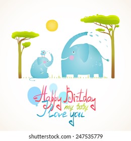 Cartoon African Elephants Bathing Happy Birthday Card. Brightly colored elephant child and mom. Vector illustration EPS10.