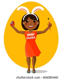 Cartoon african girl paints egg for Easter. Cute smiling kid with rabbit ears drawing with brush. Flat style vector illustration of full body detailed character