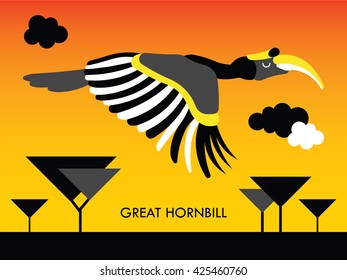 Cartoon african Hornbill bird. Vector cartoon african bird made in flat style. Isolated wild african Hornbill. Cartoon wild african bird background. Isolated african Hornbill.