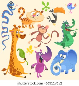 Cartoon African or jungle animal set. Vector illustration. Crocodile alligator, giraffe, monkey chimpanzee, toucan, rhino, elephant, bluebird, snake, tiger. 