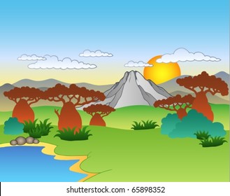Cartoon African landscape - vector illustration.
