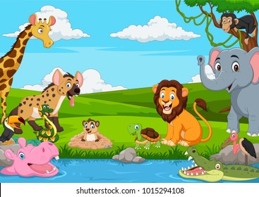 Cartoon African landscape with wild animals