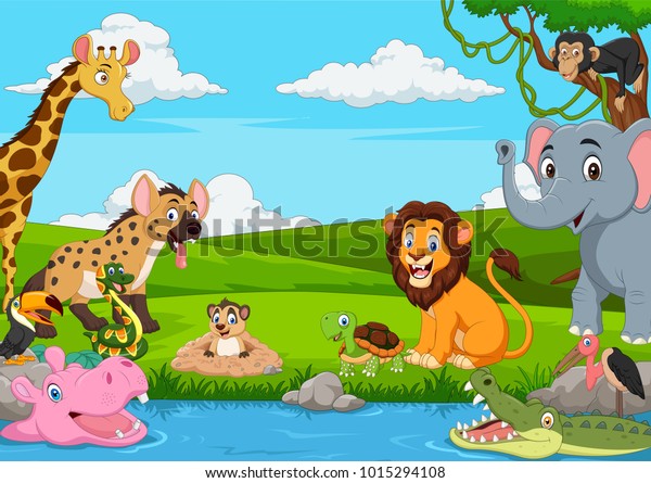 Vector De Stock Libre De Regalias Sobre Caricatura Paisaje Africano Con Animales Salvajes